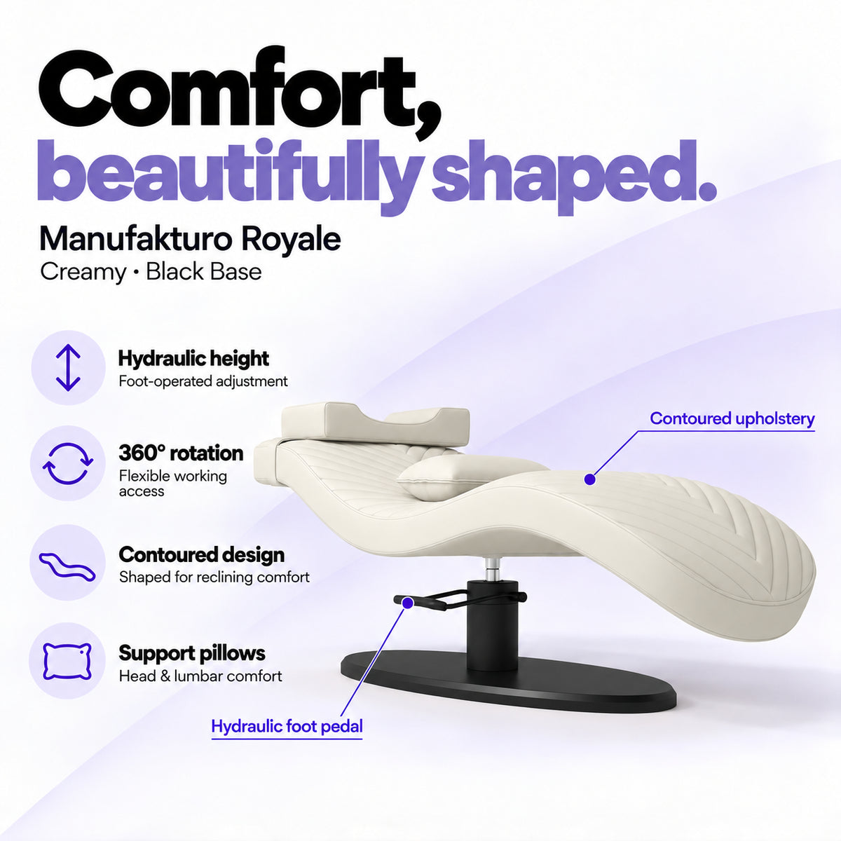 Manufakturo Royale Creamy lash bed with black base, hydraulic height adjustment, 360-degree rotation, contoured upholstery and head and lumbar pillows.