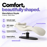 Manufakturo Royale Creamy lash bed with black base, hydraulic height adjustment, 360-degree rotation, contoured upholstery and head and lumbar pillows.