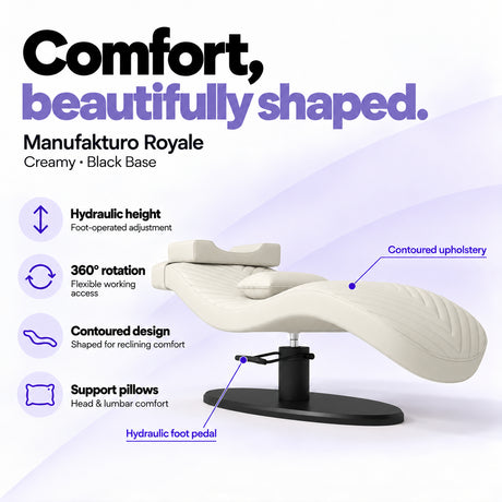 Manufakturo Royale Creamy lash bed with black base, hydraulic height adjustment, 360-degree rotation, contoured upholstery and head and lumbar pillows.
