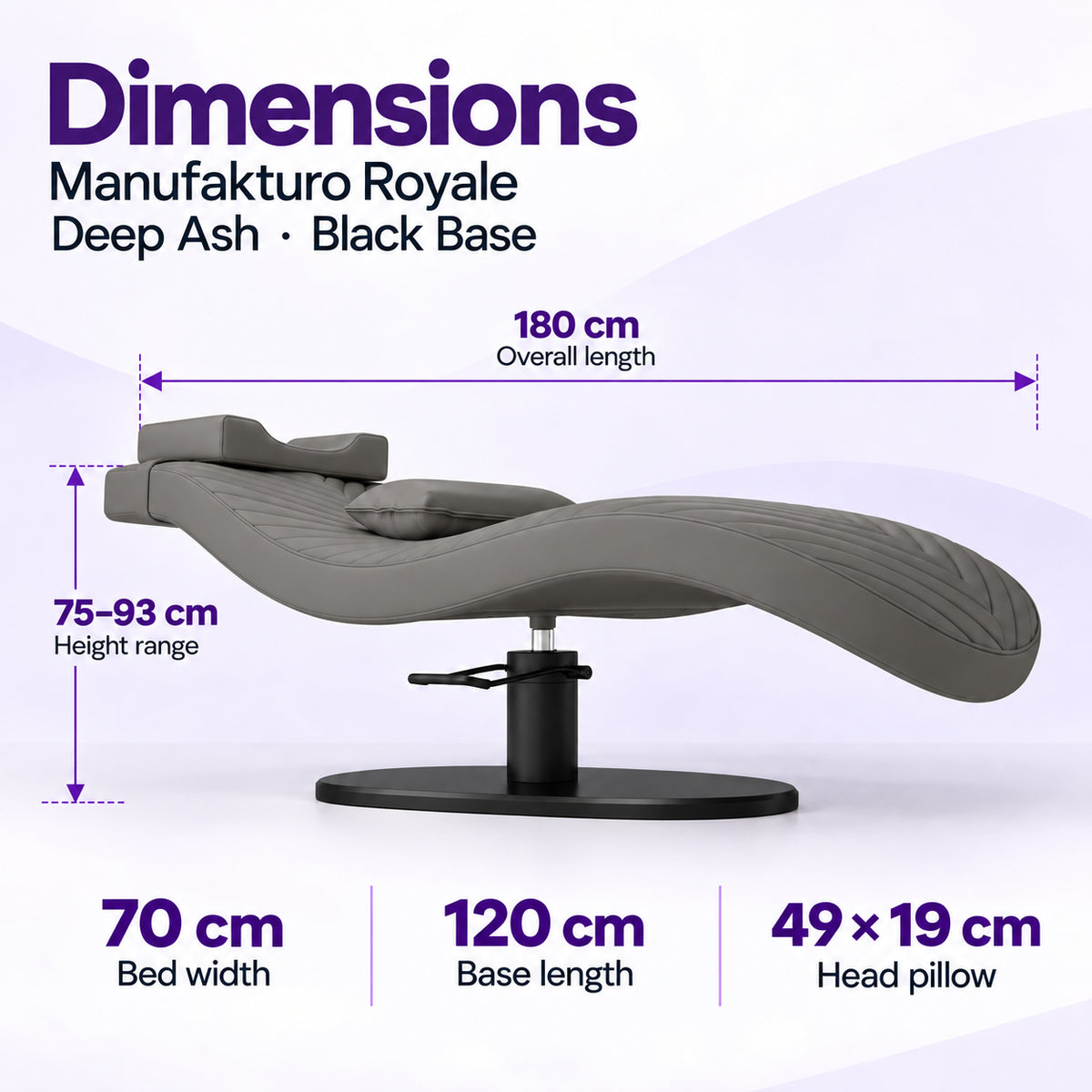 Manufakturo Royale Deep Ash lash bed with black base: 180 cm length, 70 cm width, 75–93 cm height range, 120 cm base length and 49 x 19 cm head pillow.