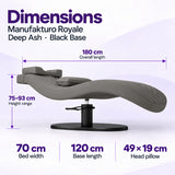 Manufakturo Royale Deep Ash lash bed with black base: 180 cm length, 70 cm width, 75–93 cm height range, 120 cm base length and 49 x 19 cm head pillow.