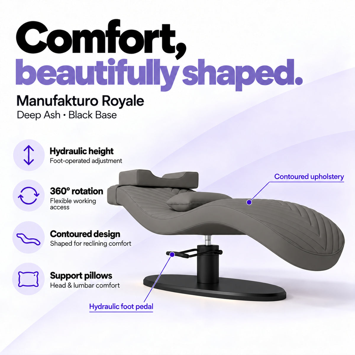 Manufakturo Royale Deep Ash lash bed with black base, hydraulic height adjustment, 360-degree rotation, contoured upholstery and head and lumbar pillows.