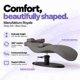 Manufakturo Royale Deep Ash lash bed with black base, hydraulic height adjustment, 360-degree rotation, contoured upholstery and head and lumbar pillows.
