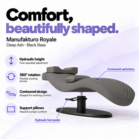 Manufakturo Royale Deep Ash lash bed with black base, hydraulic height adjustment, 360-degree rotation, contoured upholstery and head and lumbar pillows.