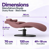 Manufakturo Royale Dusty Rose lash bed with black base: 180 cm length, 70 cm width, 75–93 cm height range, 120 cm base length and 49 x 19 cm head pillow.