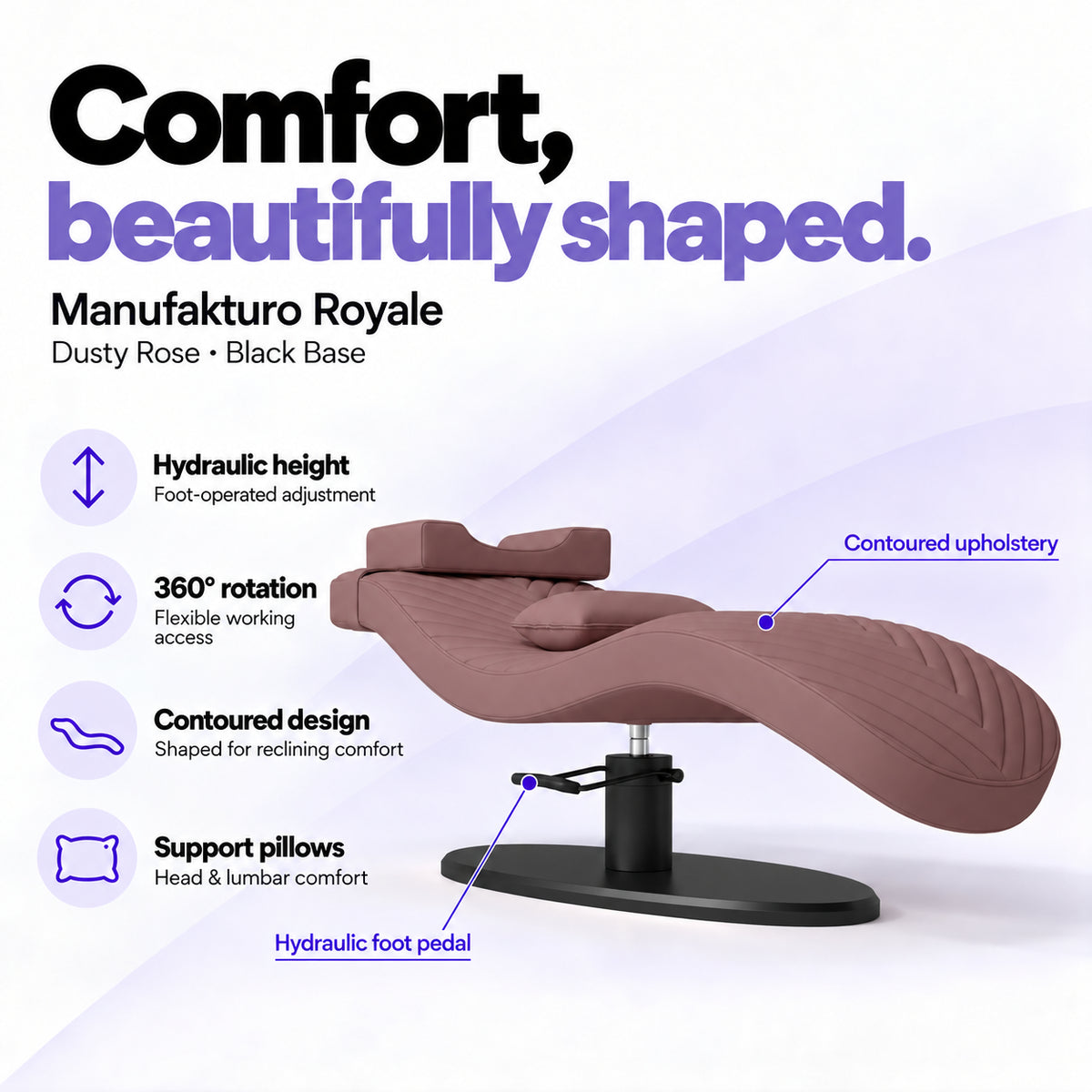 Manufakturo Royale Dusty Rose lash bed with black base, hydraulic height adjustment, 360-degree rotation, contoured upholstery and head and lumbar pillows.