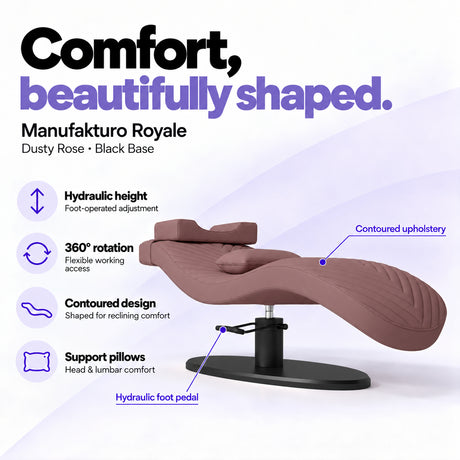 Manufakturo Royale Dusty Rose lash bed with black base, hydraulic height adjustment, 360-degree rotation, contoured upholstery and head and lumbar pillows.