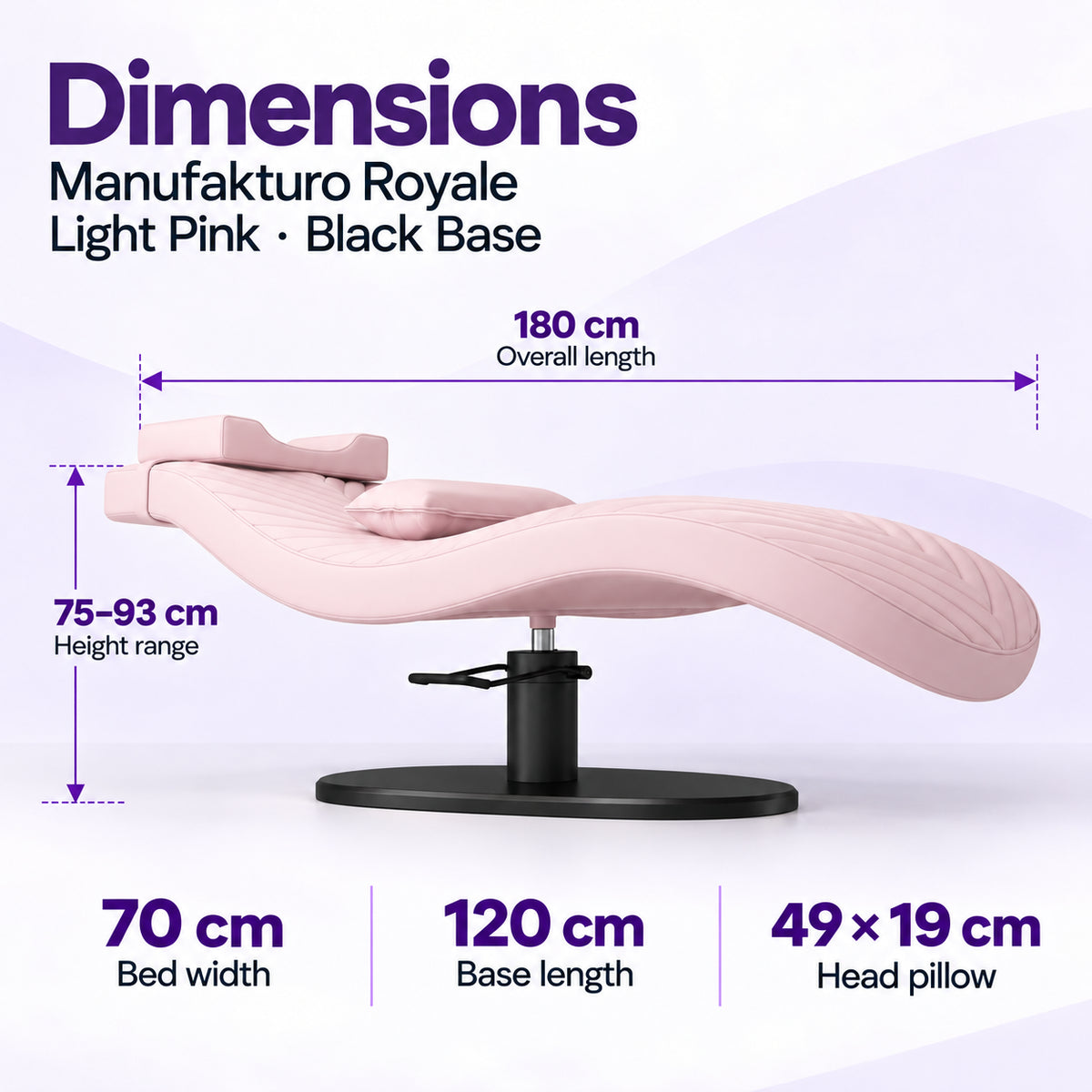 Manufakturo Royale Light Pink lash bed with black base: 180 cm length, 70 cm width, 75–93 cm height range, 120 cm base length and 49 x 19 cm head pillow.