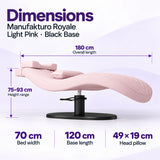 Manufakturo Royale Light Pink lash bed with black base: 180 cm length, 70 cm width, 75–93 cm height range, 120 cm base length and 49 x 19 cm head pillow.