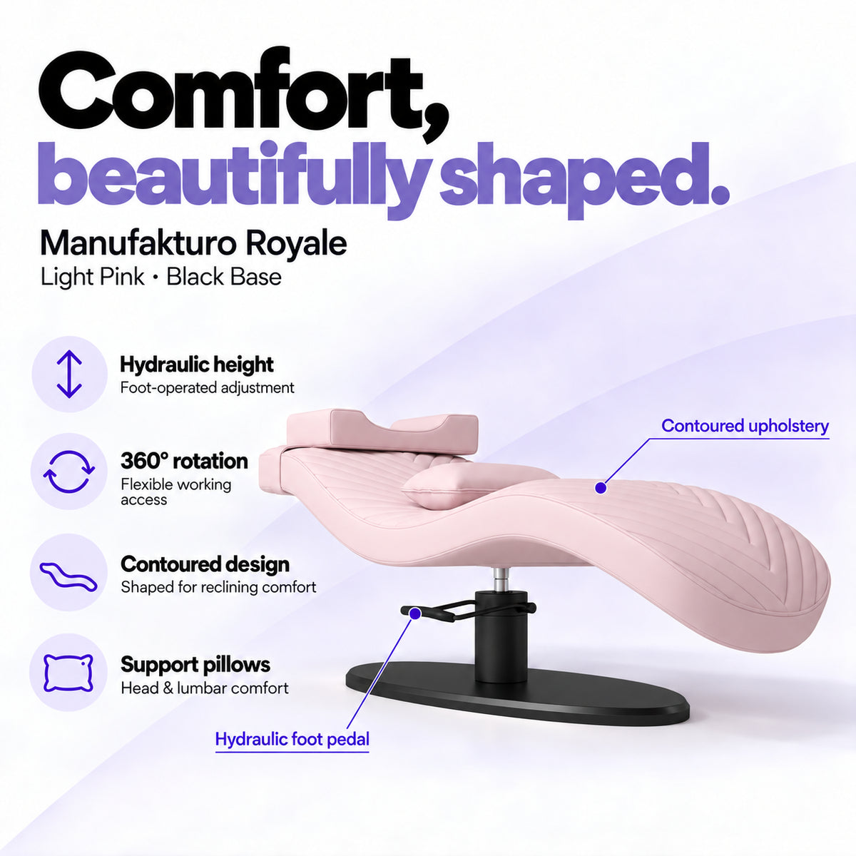 Manufakturo Royale Light Pink lash bed with black base, hydraulic height adjustment, 360-degree rotation, contoured upholstery and head and lumbar pillows.