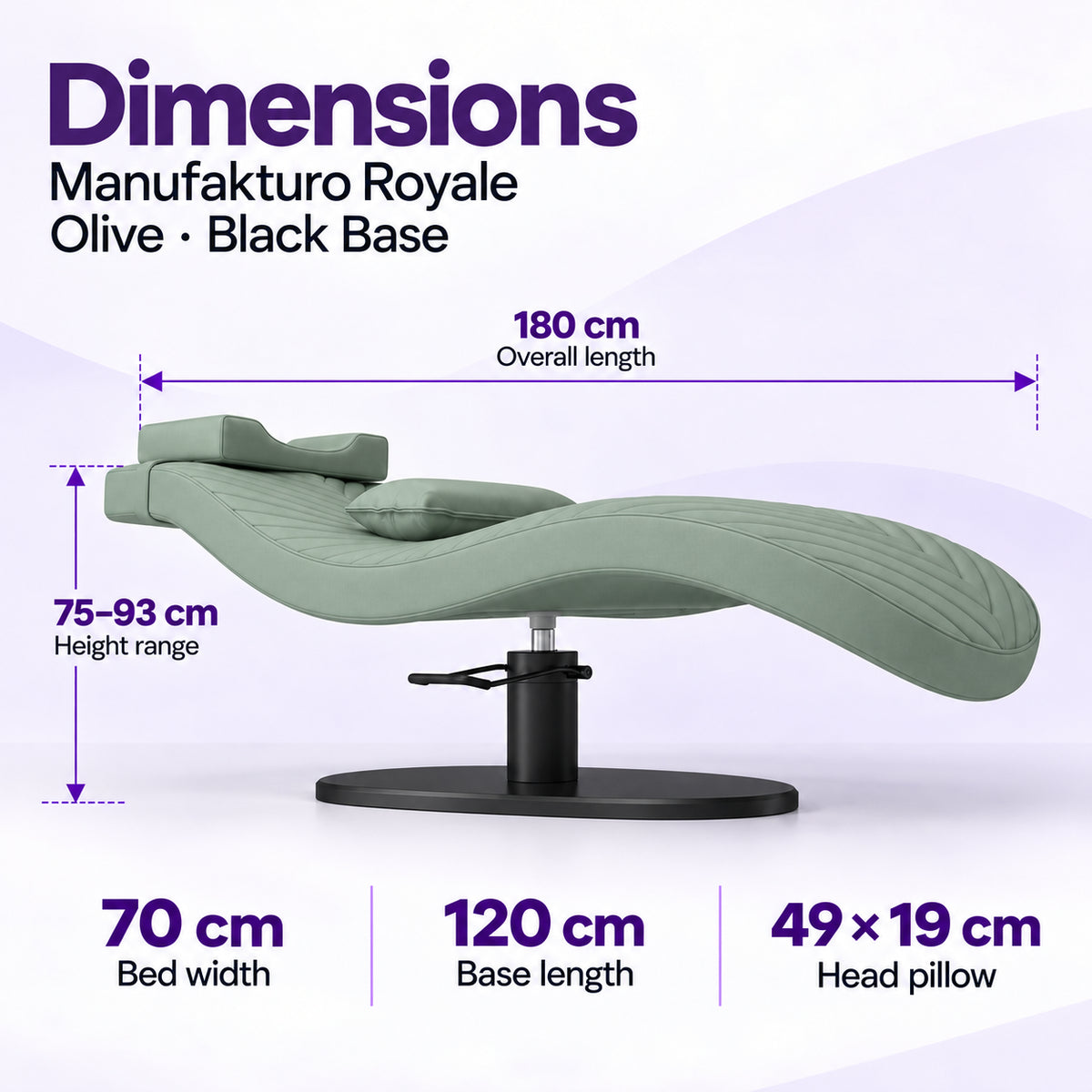 Manufakturo Royale Olive lash bed with black base: 180 cm length, 70 cm width, 75–93 cm height range, 120 cm base length and 49 x 19 cm head pillow.