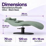 Manufakturo Royale Olive lash bed with black base: 180 cm length, 70 cm width, 75–93 cm height range, 120 cm base length and 49 x 19 cm head pillow.