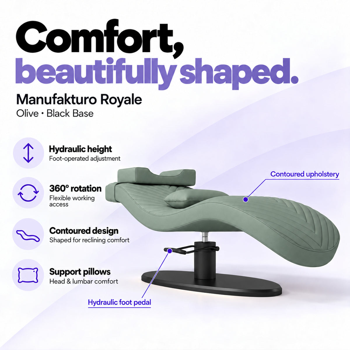 Manufakturo Royale Olive lash bed with black base, hydraulic height adjustment, 360-degree rotation, contoured upholstery and head and lumbar pillows.