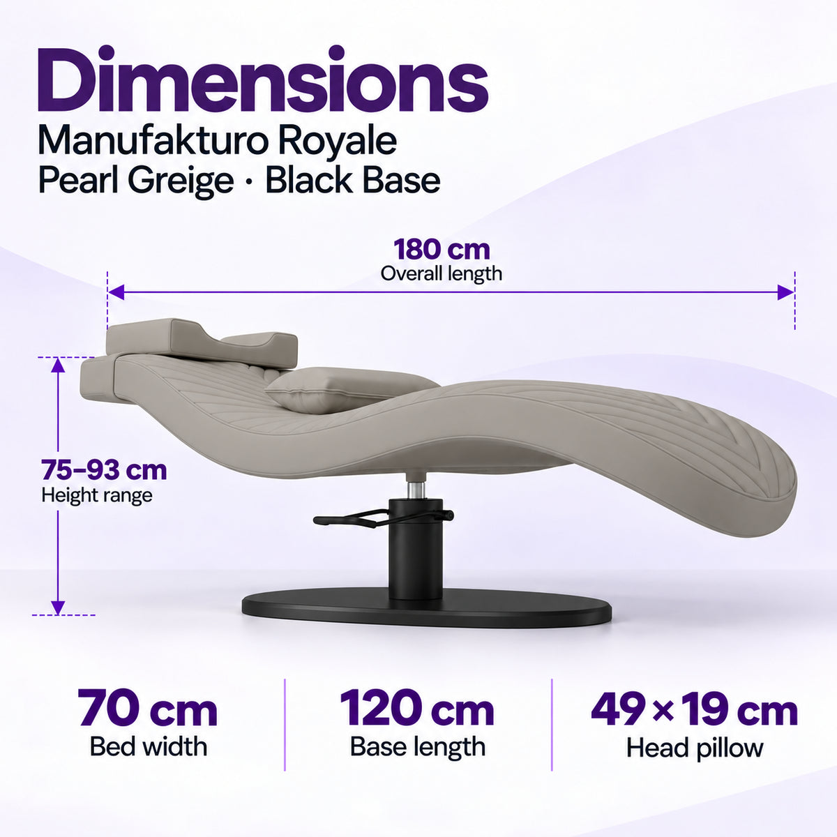Manufakturo Royale Pearl Greige lash bed with black base: 180 cm length, 70 cm width, 75–93 cm height range, 120 cm base length and 49 x 19 cm head pillow.