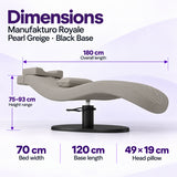 Manufakturo Royale Pearl Greige lash bed with black base: 180 cm length, 70 cm width, 75–93 cm height range, 120 cm base length and 49 x 19 cm head pillow.