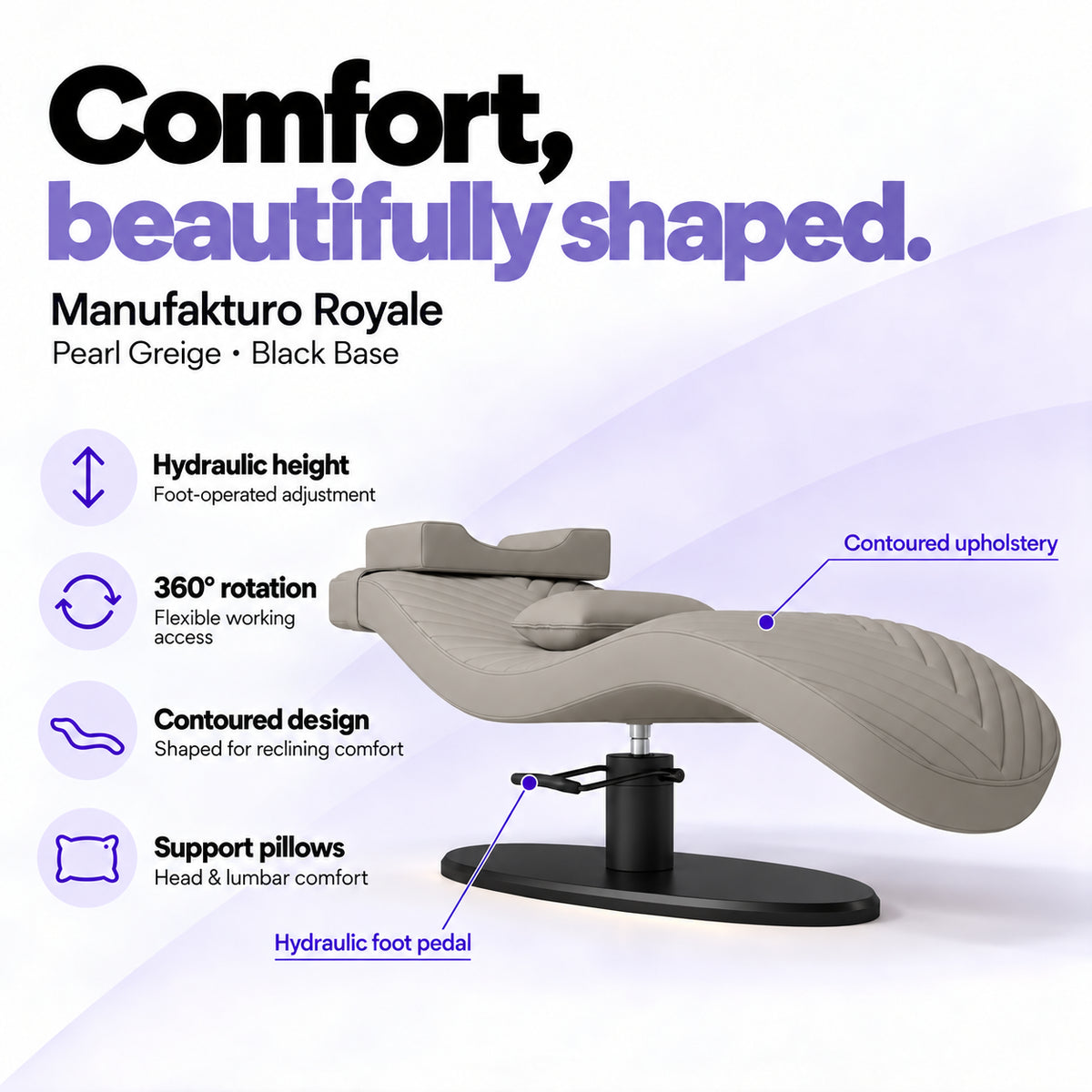 Manufakturo Royale Pearl Greige lash bed with black base, hydraulic height adjustment, 360-degree rotation, contoured upholstery and head and lumbar pillows.