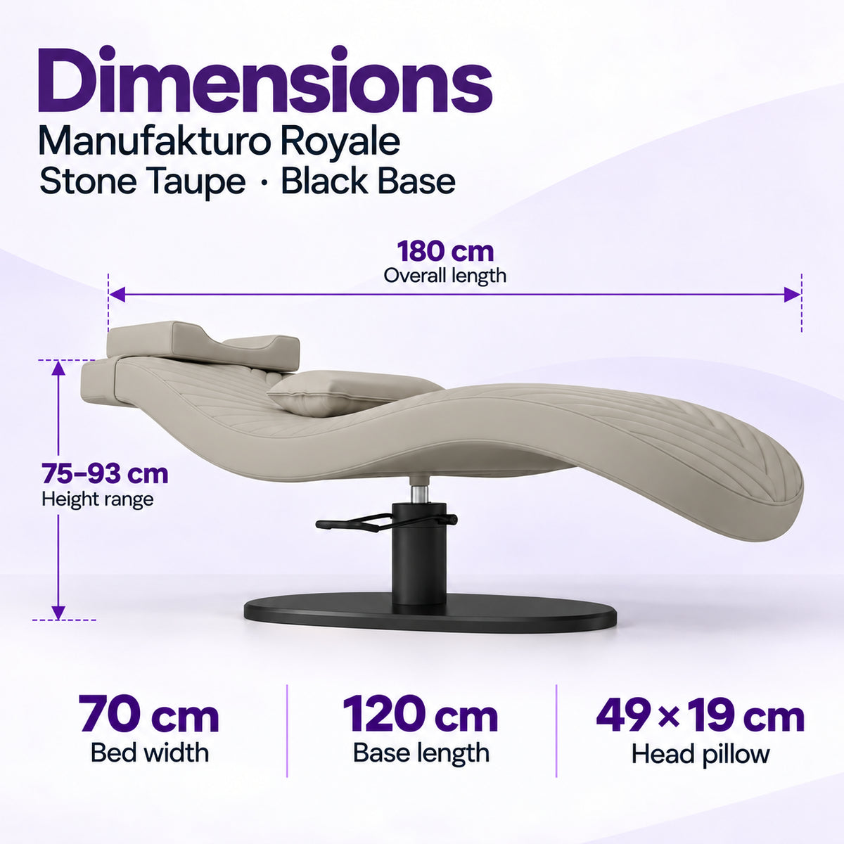 Manufakturo Royale Stone Taupe lash bed with black base: 180 cm length, 70 cm width, 75–93 cm height range, 120 cm base length and 49 x 19 cm head pillow.