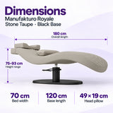 Manufakturo Royale Stone Taupe lash bed with black base: 180 cm length, 70 cm width, 75–93 cm height range, 120 cm base length and 49 x 19 cm head pillow.