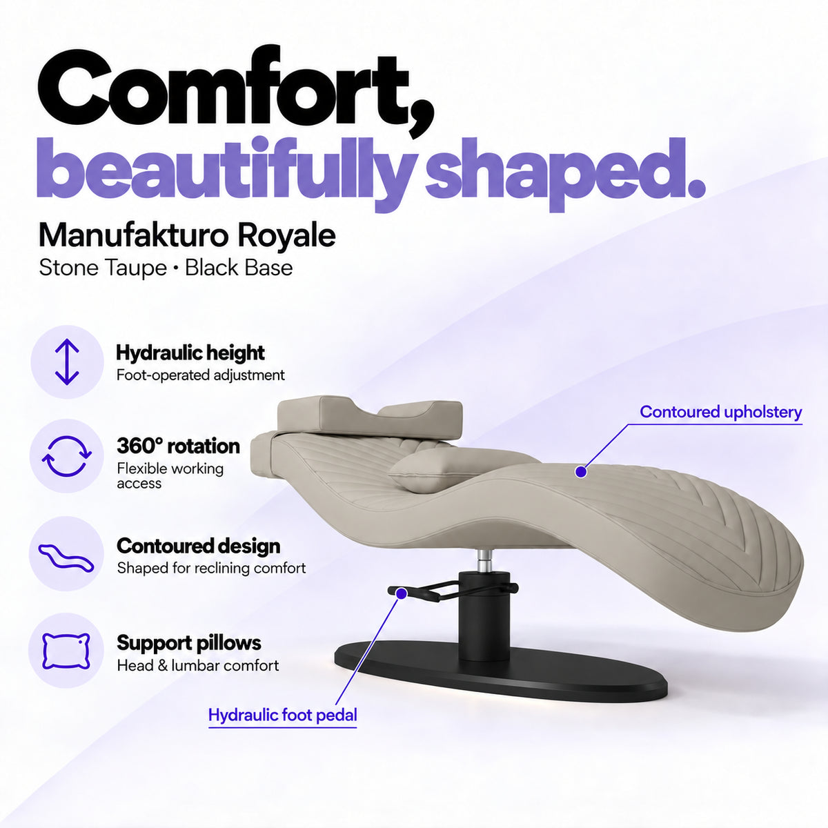 Manufakturo Royale Stone Taupe lash bed with black base, hydraulic height adjustment, 360-degree rotation, contoured upholstery and head and lumbar pillows.