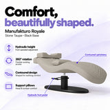Manufakturo Royale Stone Taupe lash bed with black base, hydraulic height adjustment, 360-degree rotation, contoured upholstery and head and lumbar pillows.