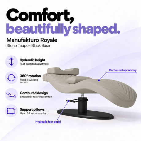 Manufakturo Royale Stone Taupe lash bed with black base, hydraulic height adjustment, 360-degree rotation, contoured upholstery and head and lumbar pillows.
