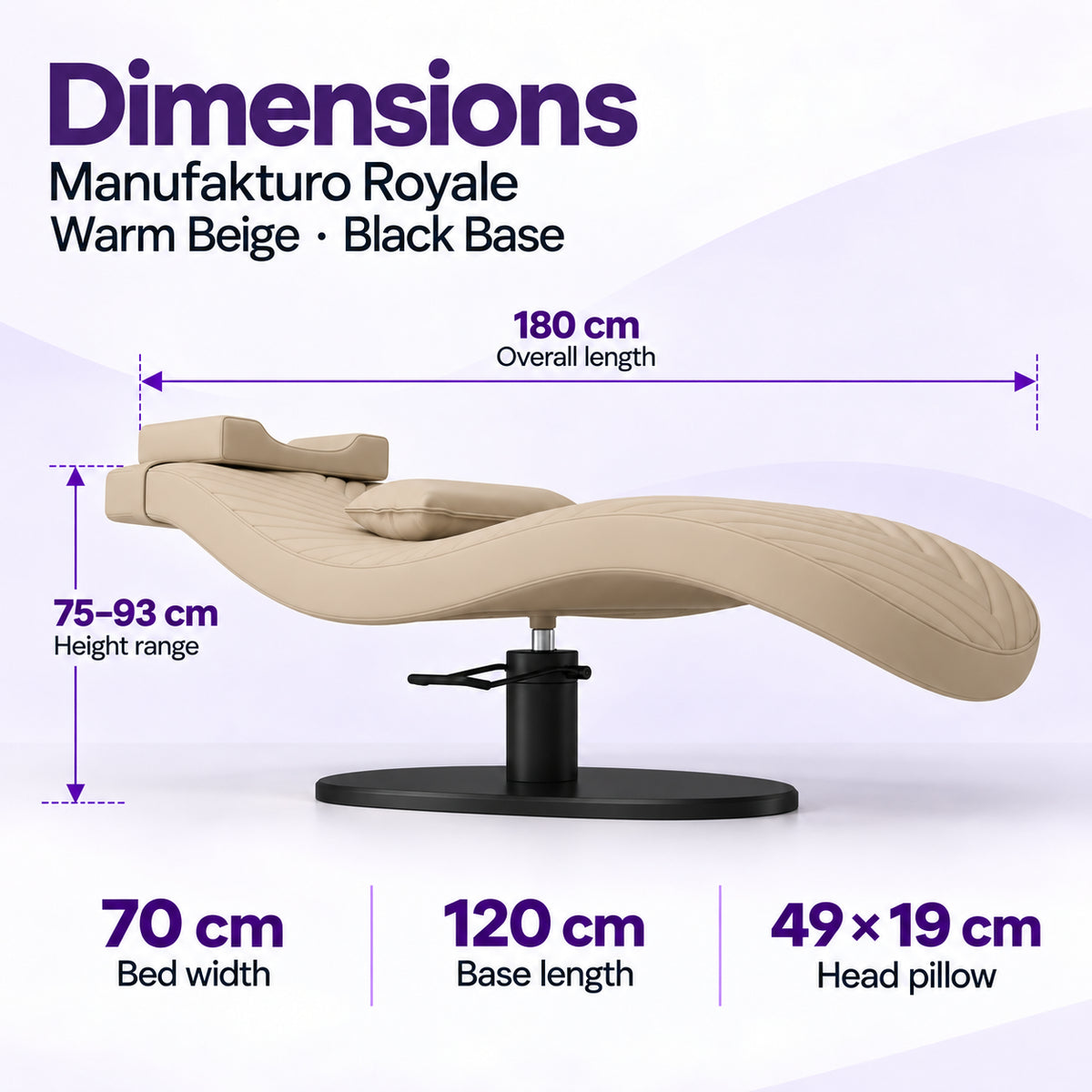 Manufakturo Royale Warm Beige lash bed with black base: 180 cm length, 70 cm width, 75–93 cm height range, 120 cm base length and 49 x 19 cm head pillow.