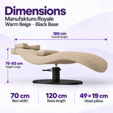 Manufakturo Royale Warm Beige lash bed with black base: 180 cm length, 70 cm width, 75–93 cm height range, 120 cm base length and 49 x 19 cm head pillow.