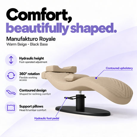 Manufakturo Royale Warm Beige lash bed with black base, hydraulic height adjustment, 360-degree rotation, contoured upholstery and head and lumbar pillows.