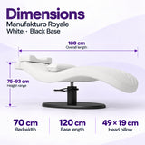 Manufakturo Royale White lash bed with black base: 180 cm length, 70 cm width, 75–93 cm height range, 120 cm base length and 49 x 19 cm head pillow.