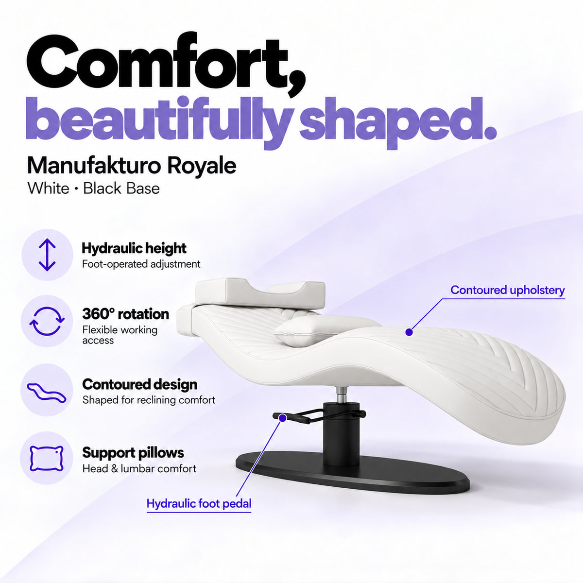 Manufakturo Royale White lash bed with black base, hydraulic height adjustment, 360-degree rotation, contoured upholstery and head and lumbar pillows.