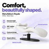 Manufakturo Royale White lash bed with black base, hydraulic height adjustment, 360-degree rotation, contoured upholstery and head and lumbar pillows.