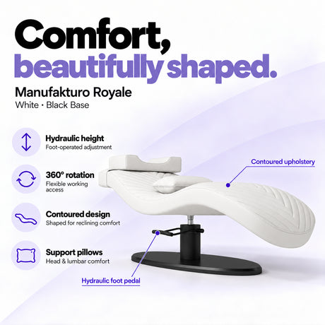 Manufakturo Royale White lash bed with black base, hydraulic height adjustment, 360-degree rotation, contoured upholstery and head and lumbar pillows.