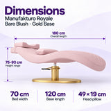Manufakturo Royale Bare Blush lash bed with gold base: 180 cm length, 70 cm width, 75–93 cm height range, 120 cm base length and 49 x 19 cm head pillow.