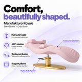 Manufakturo Royale Bare Blush lash bed with gold base, hydraulic height adjustment, 360-degree rotation, contoured upholstery and head and lumbar pillows.