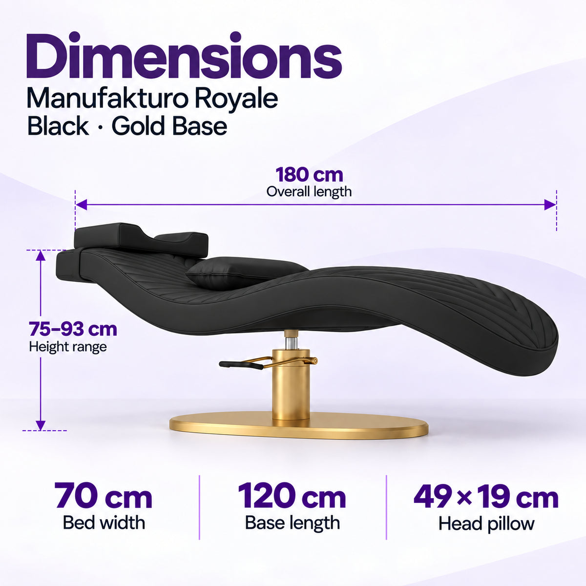 Manufakturo Royale Black lash bed with gold base: 180 cm length, 70 cm width, 75–93 cm height range, 120 cm base length and 49 x 19 cm head pillow.