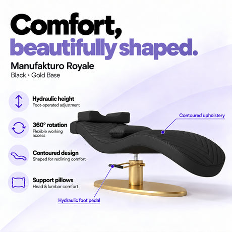 Manufakturo Royale Black lash bed with gold base, hydraulic height adjustment, 360-degree rotation, contoured upholstery and head and lumbar pillows.