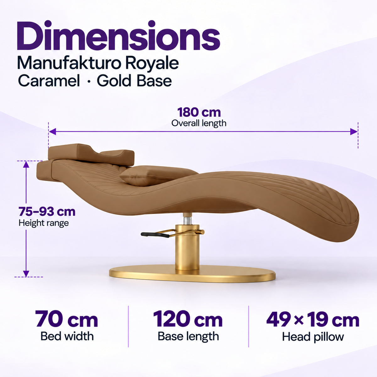 Manufakturo Royale Caramel lash bed with gold base: 180 cm length, 70 cm width, 75–93 cm height range, 120 cm base length and 49 x 19 cm head pillow.
