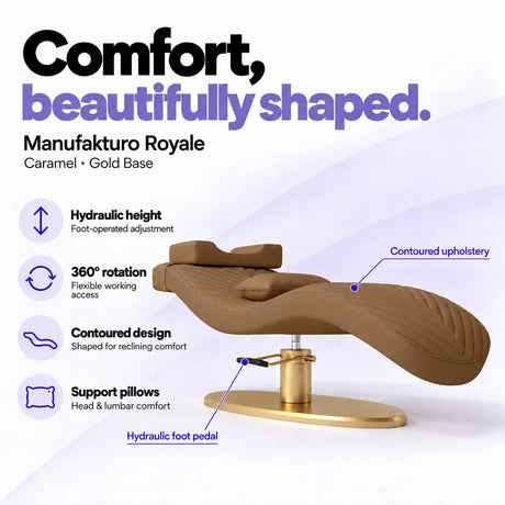 Manufakturo Royale Caramel lash bed with gold base, hydraulic height adjustment, 360-degree rotation, contoured upholstery and head and lumbar pillows.