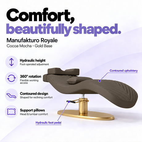 Manufakturo Royale Cocoa Mocha lash bed with gold base, hydraulic height adjustment, 360-degree rotation, contoured upholstery and head and lumbar pillows.