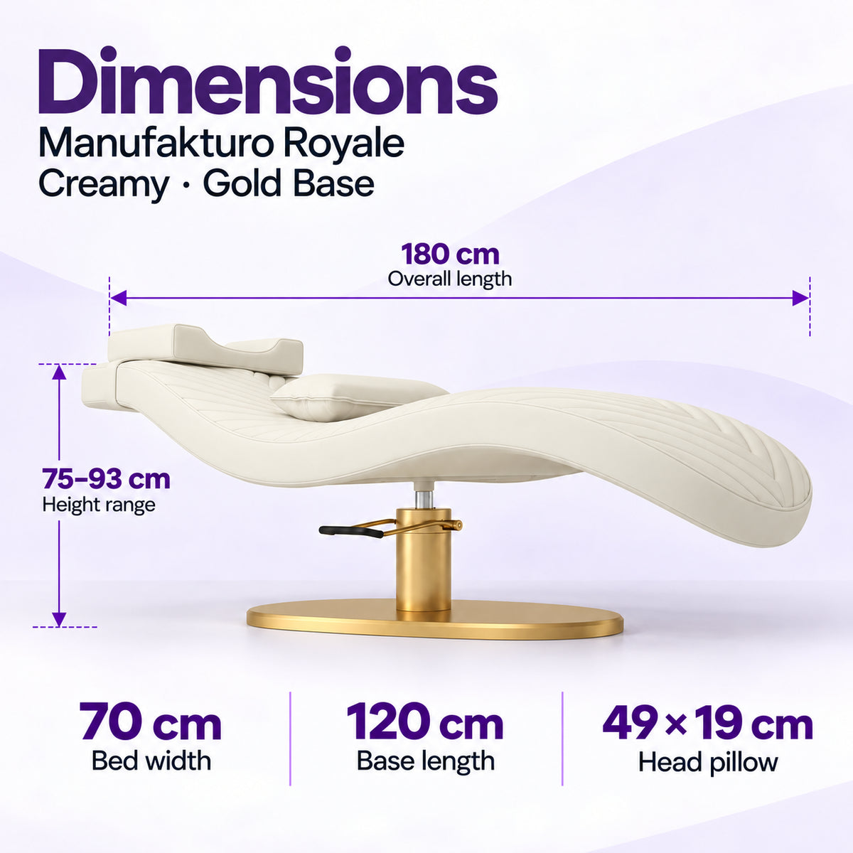 Manufakturo Royale Creamy lash bed with gold base: 180 cm length, 70 cm width, 75–93 cm height range, 120 cm base length and 49 x 19 cm head pillow.