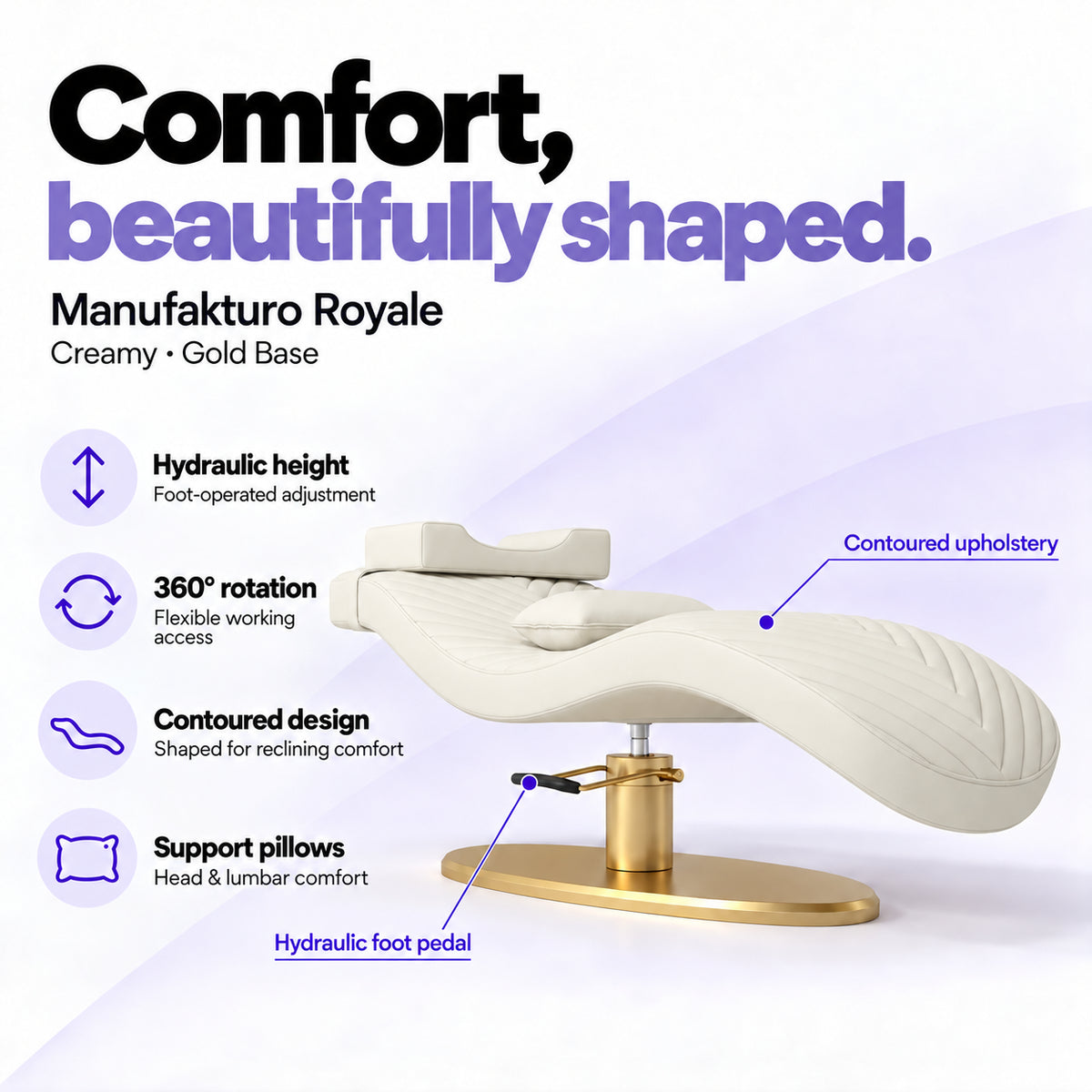 Manufakturo Royale Creamy lash bed with gold base, hydraulic height adjustment, 360-degree rotation, contoured upholstery and head and lumbar pillows.