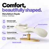 Manufakturo Royale Creamy lash bed with gold base, hydraulic height adjustment, 360-degree rotation, contoured upholstery and head and lumbar pillows.