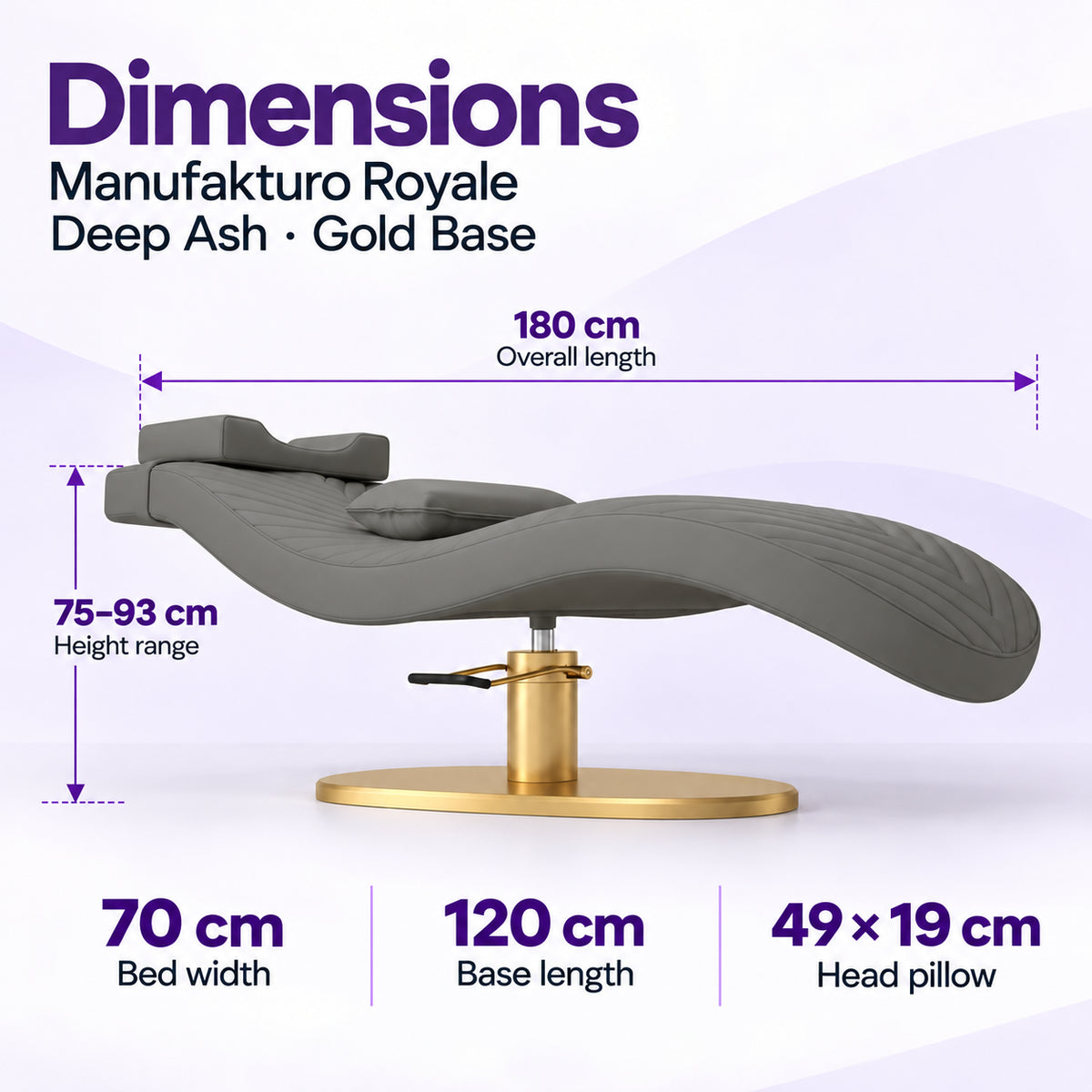Manufakturo Royale Deep Ash lash bed with gold base: 180 cm length, 70 cm width, 75–93 cm height range, 120 cm base length and 49 x 19 cm head pillow.