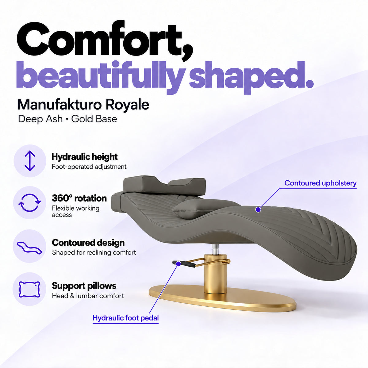 Manufakturo Royale Deep Ash lash bed with gold base, hydraulic height adjustment, 360-degree rotation, contoured upholstery and head and lumbar pillows.