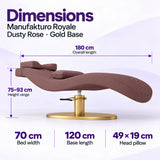 Manufakturo Royale Dusty Rose lash bed with gold base: 180 cm length, 70 cm width, 75–93 cm height range, 120 cm base length and 49 x 19 cm head pillow.