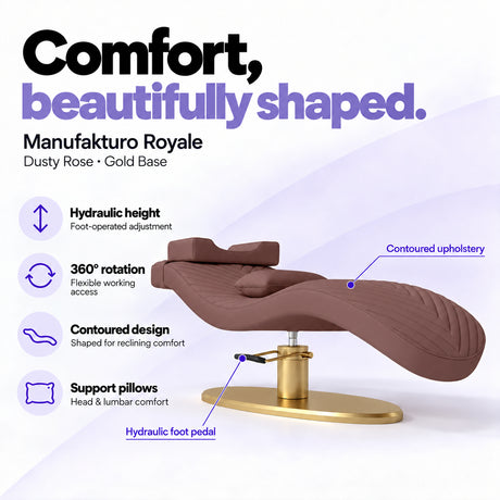 Manufakturo Royale Dusty Rose lash bed with gold base, hydraulic height adjustment, 360-degree rotation, contoured upholstery and head and lumbar pillows.