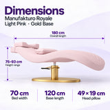 Manufakturo Royale Light Pink lash bed with gold base: 180 cm length, 70 cm width, 75–93 cm height range, 120 cm base length and 49 x 19 cm head pillow.