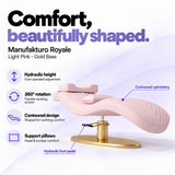 Manufakturo Royale Light Pink lash bed with gold base, hydraulic height adjustment, 360-degree rotation, contoured upholstery and head and lumbar pillows.