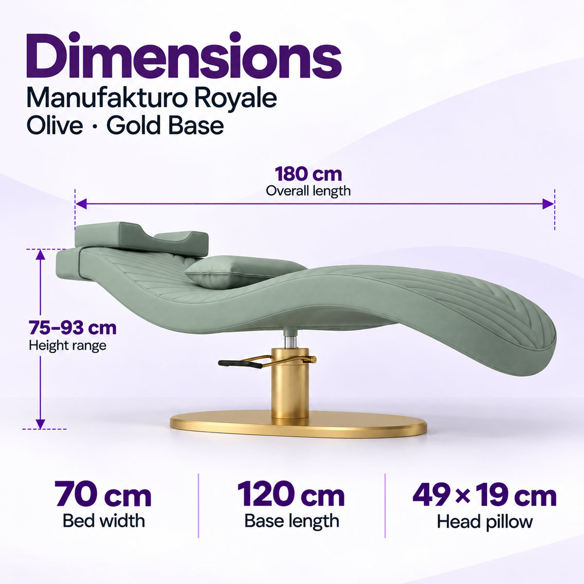 Manufakturo Royale Olive lash bed with gold base: 180 cm length, 70 cm width, 75–93 cm height range, 120 cm base length and 49 x 19 cm head pillow.