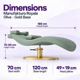 Manufakturo Royale Olive lash bed with gold base: 180 cm length, 70 cm width, 75–93 cm height range, 120 cm base length and 49 x 19 cm head pillow.